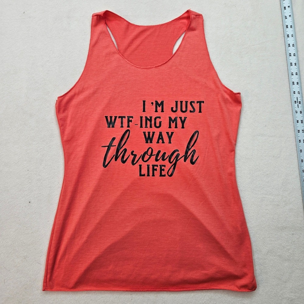 Graphic Tank Top Womens L Coral WTF Way Through Life Racerback Light Weight
